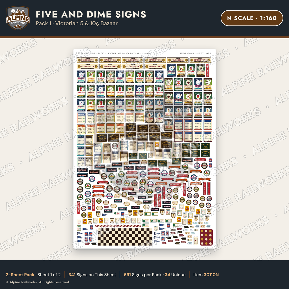 Alpine Railworks 30110N N Scale Five and Dime Signs - Victorian 5