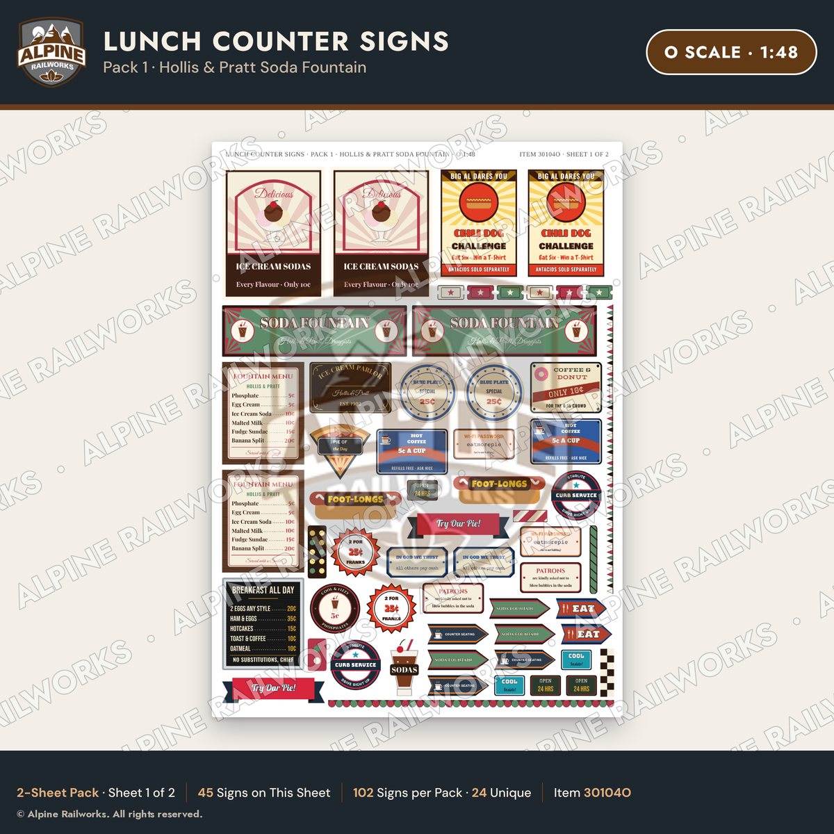 Alpine Railworks 30104O O Scale Lunch Counter Signs - Hollis