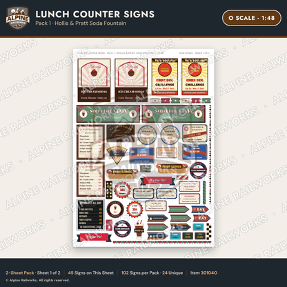 Alpine Railworks 30104O O Scale Lunch Counter Signs - Hollis