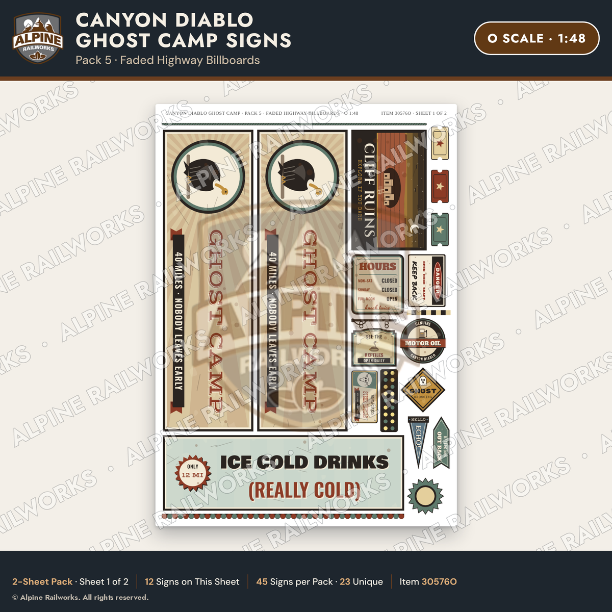 Alpine Railworks 30576O O Scale Roadside Signs - Desert Ghost Town