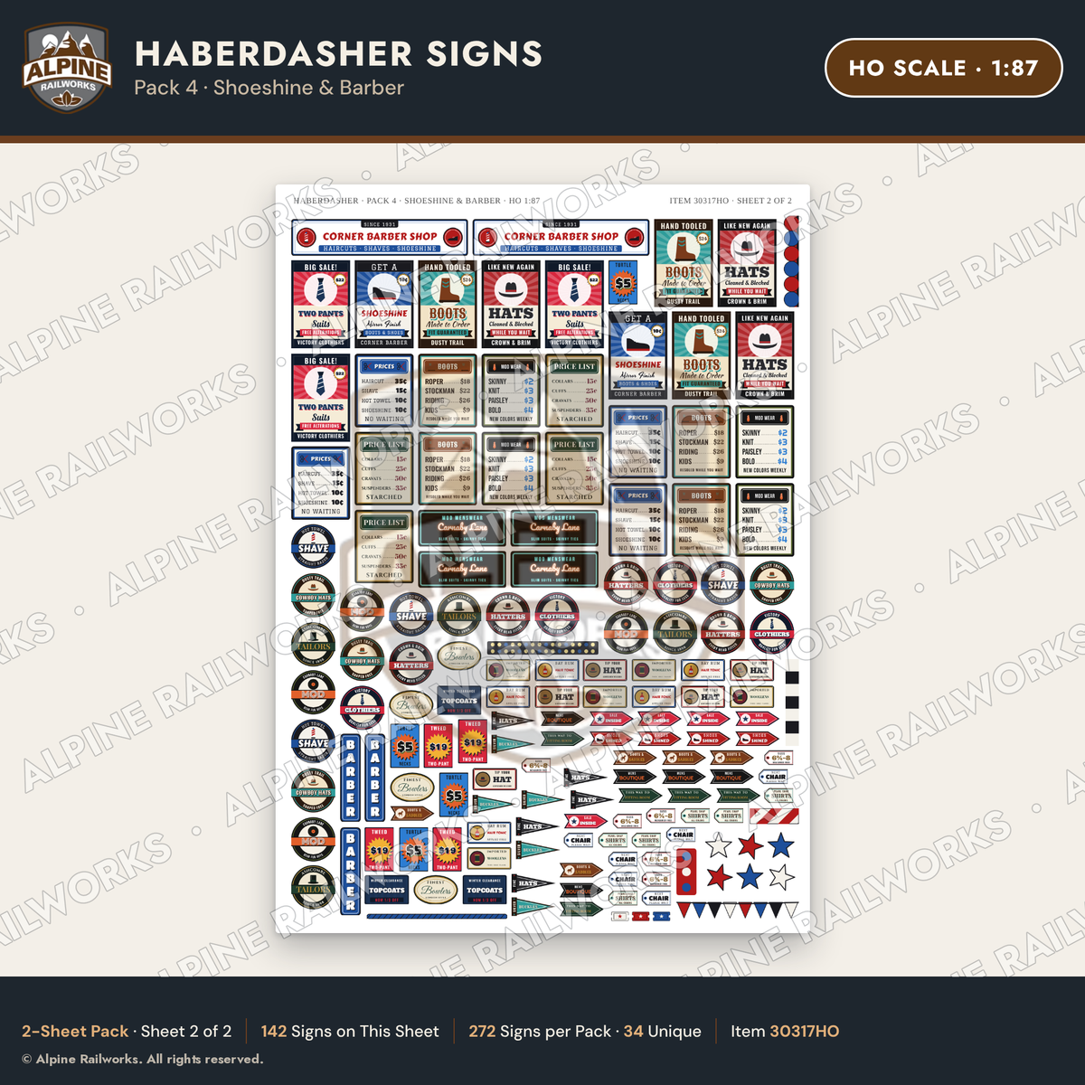Alpine Railworks 30317HO HO Scale Haberdasher Signs - Shoeshine