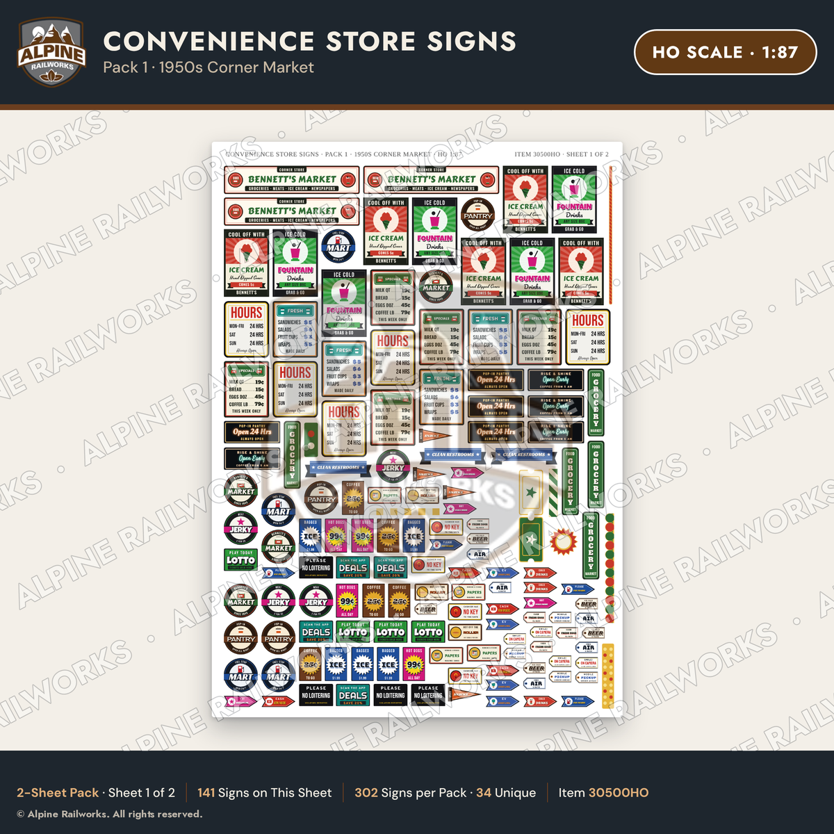 Alpine Railworks 30500HO HO Scale Convenience Store Signs
