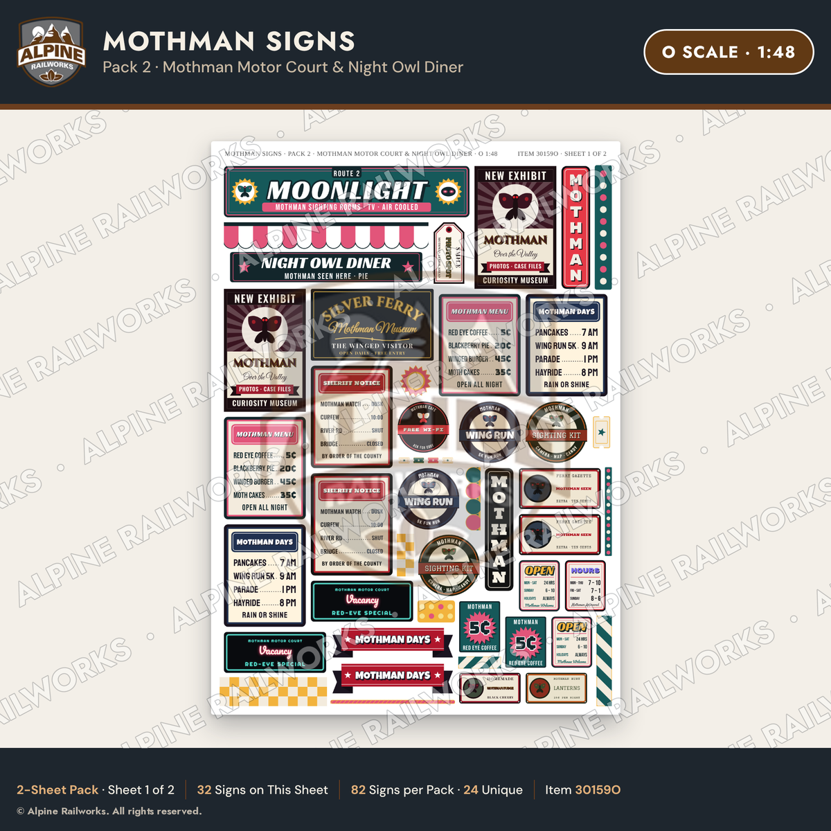 Alpine Railworks 30159O O Scale Mothman Signs - Mothman Motor Court