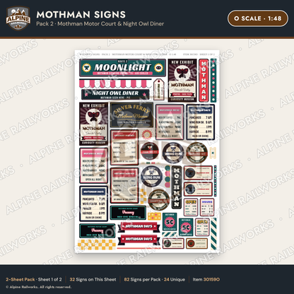 Alpine Railworks 30159O O Scale Mothman Signs - Mothman Motor Court