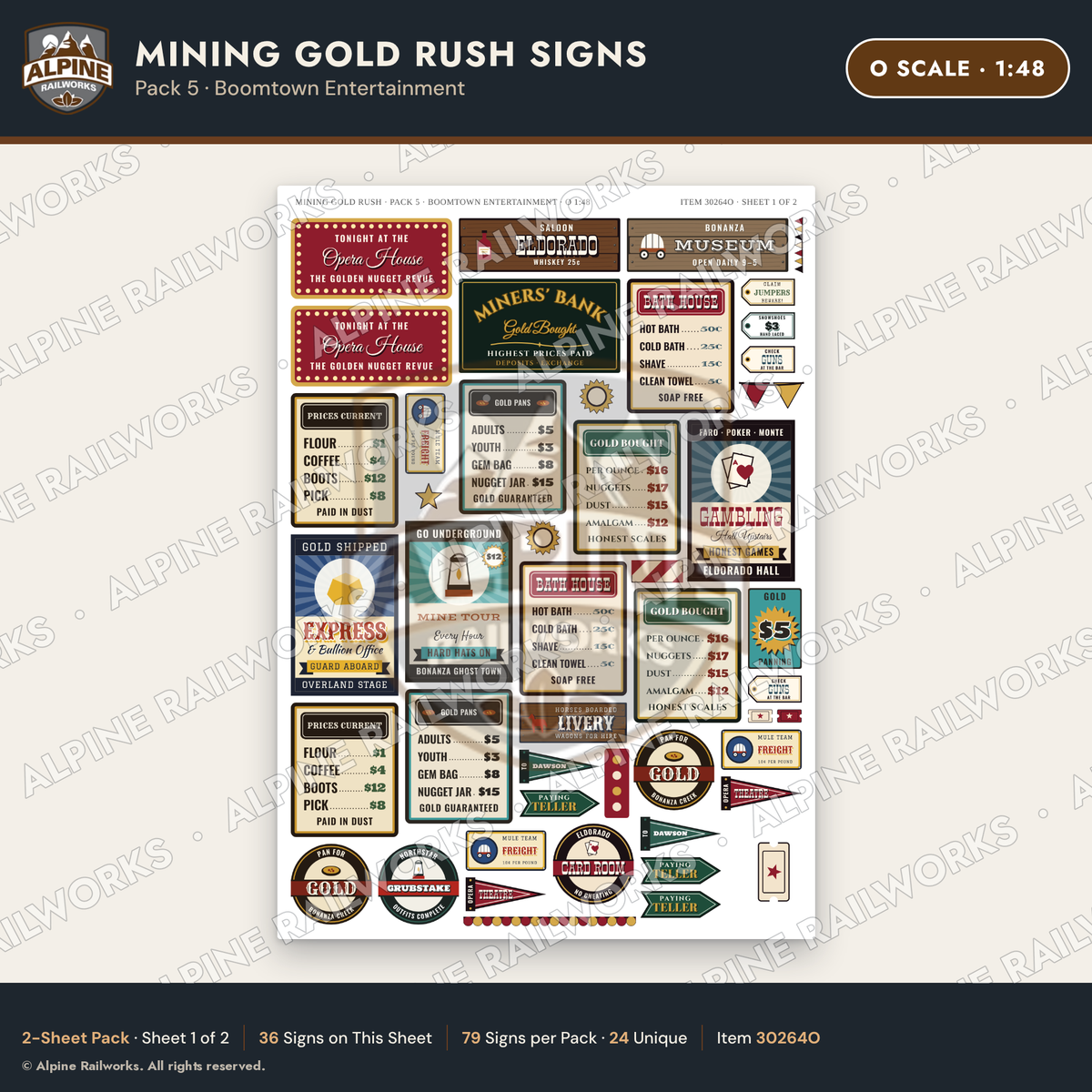 Alpine Railworks 30264O O Scale Mining Gold Rush Signs