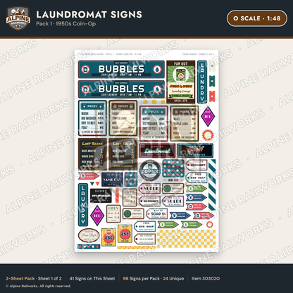 Alpine Railworks 30302O O Scale Laundromat Signs - 1950s Coin-Op