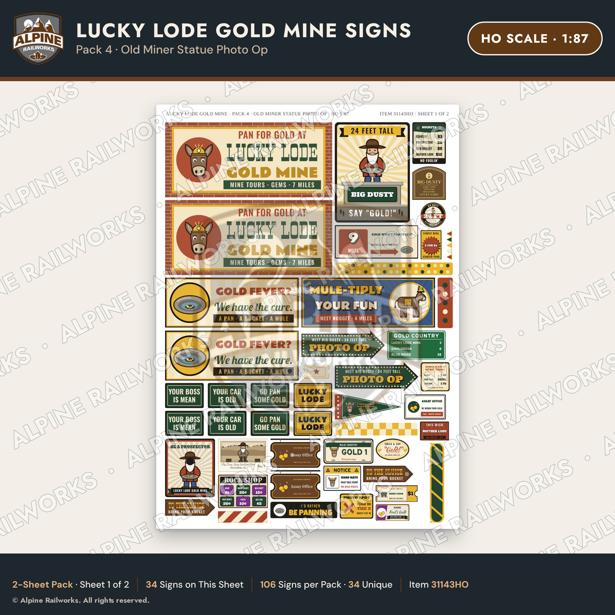 Alpine Railworks 31143HO HO Scale Roadside Signs - Gold Panning Mine