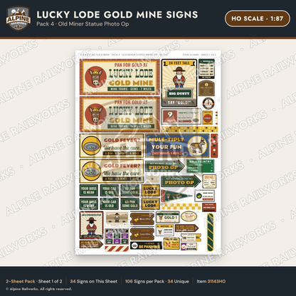Alpine Railworks 31143HO HO Scale Roadside Signs - Gold Panning Mine