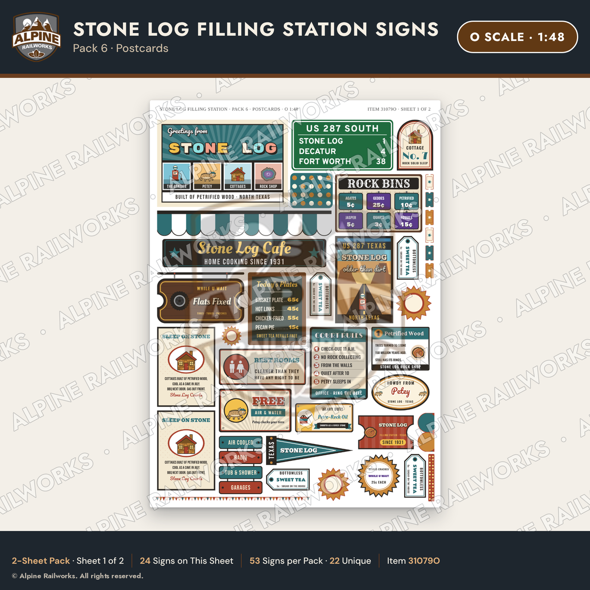 Alpine Railworks 31079O O Scale Roadside Signs - Petrified Wood