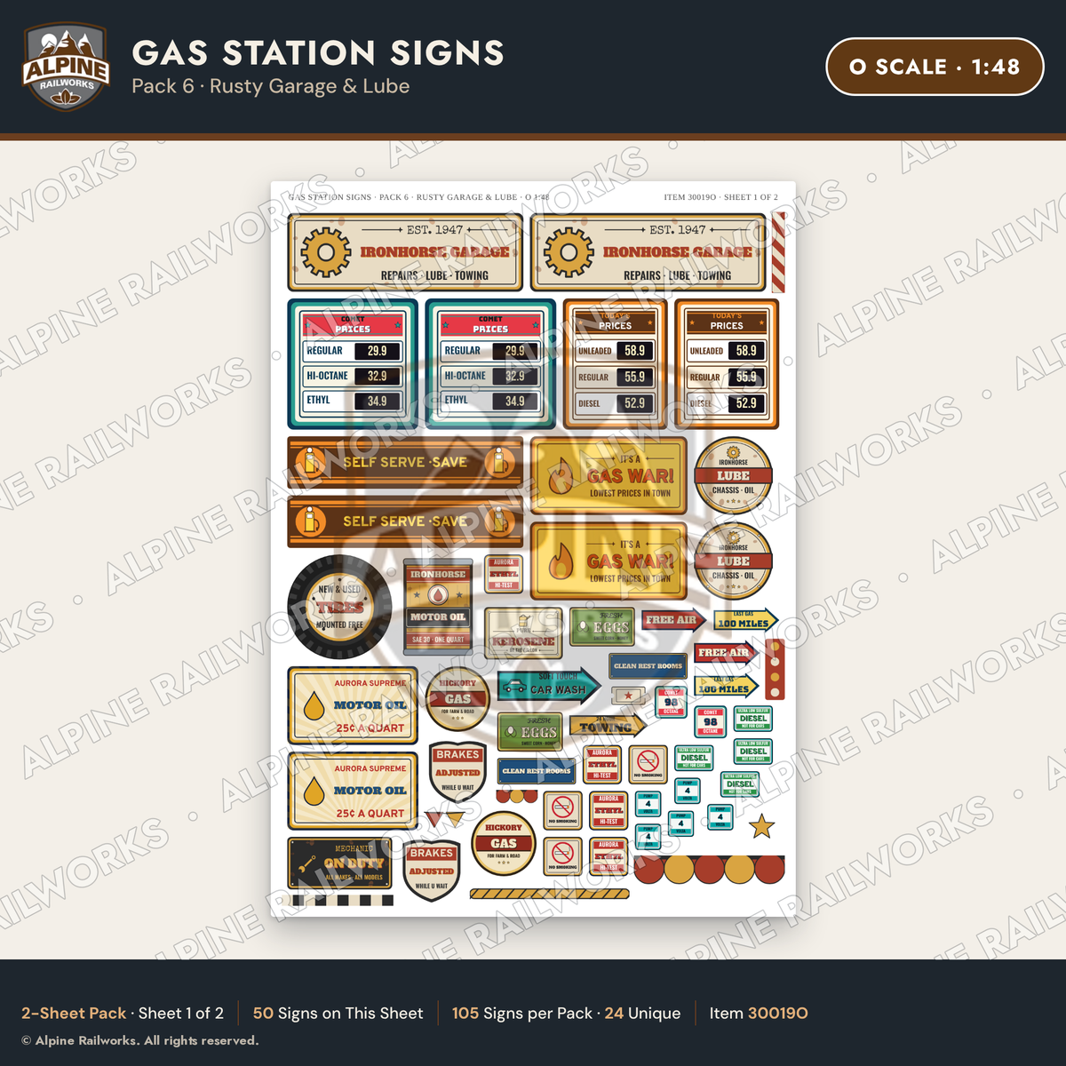 Alpine Railworks 30019O O Scale Gas Station Signs - Rusty Garage