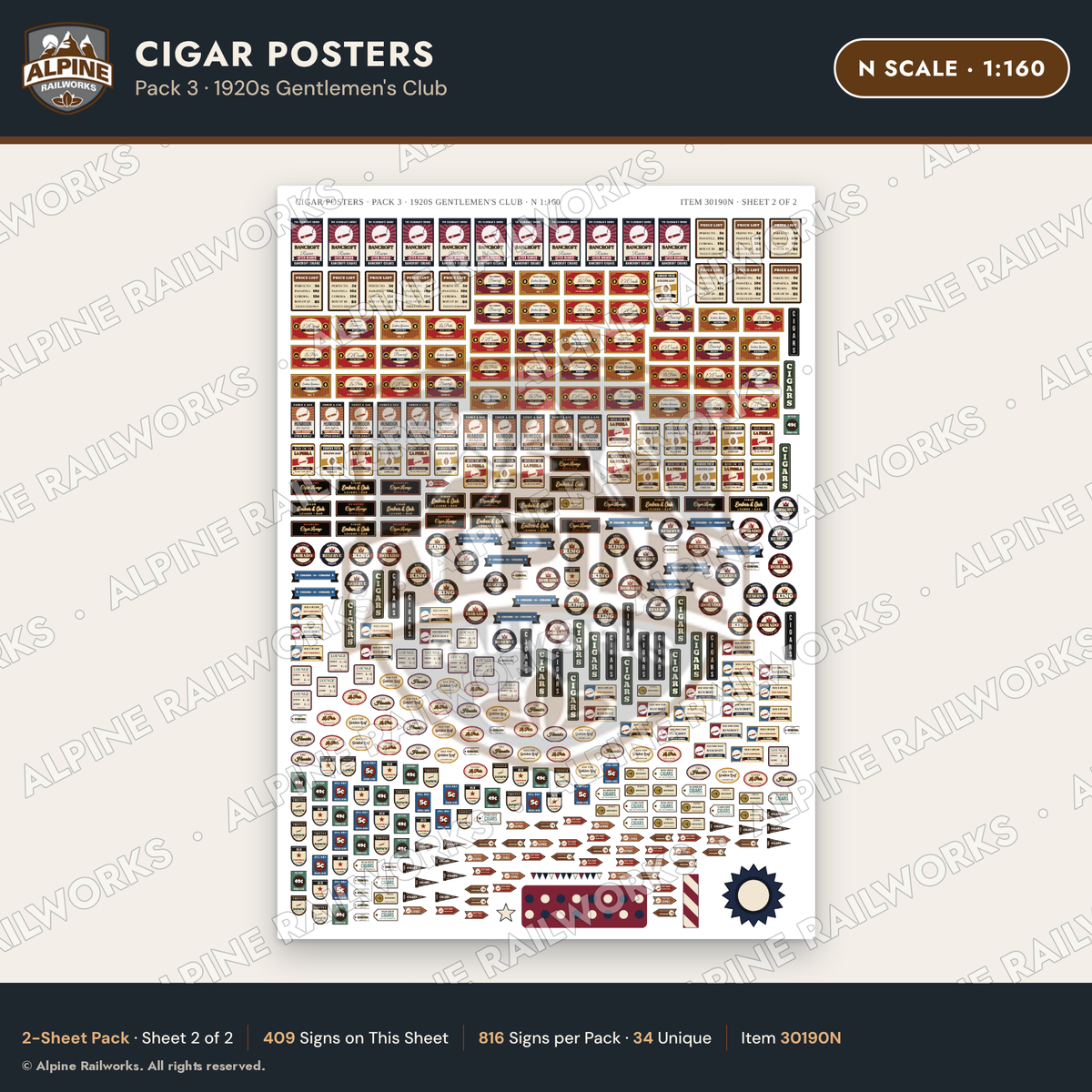 Alpine Railworks 30190N N Scale Cigar Posters - 1920s Gentlemen's Club