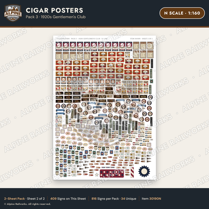 Alpine Railworks 30190N N Scale Cigar Posters - 1920s Gentlemen's Club