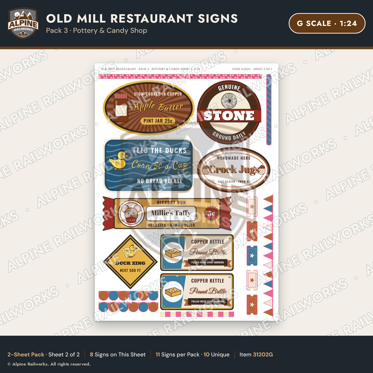 Alpine Railworks 31202G G Scale Old Mill Signs - Pottery & Candy Shop