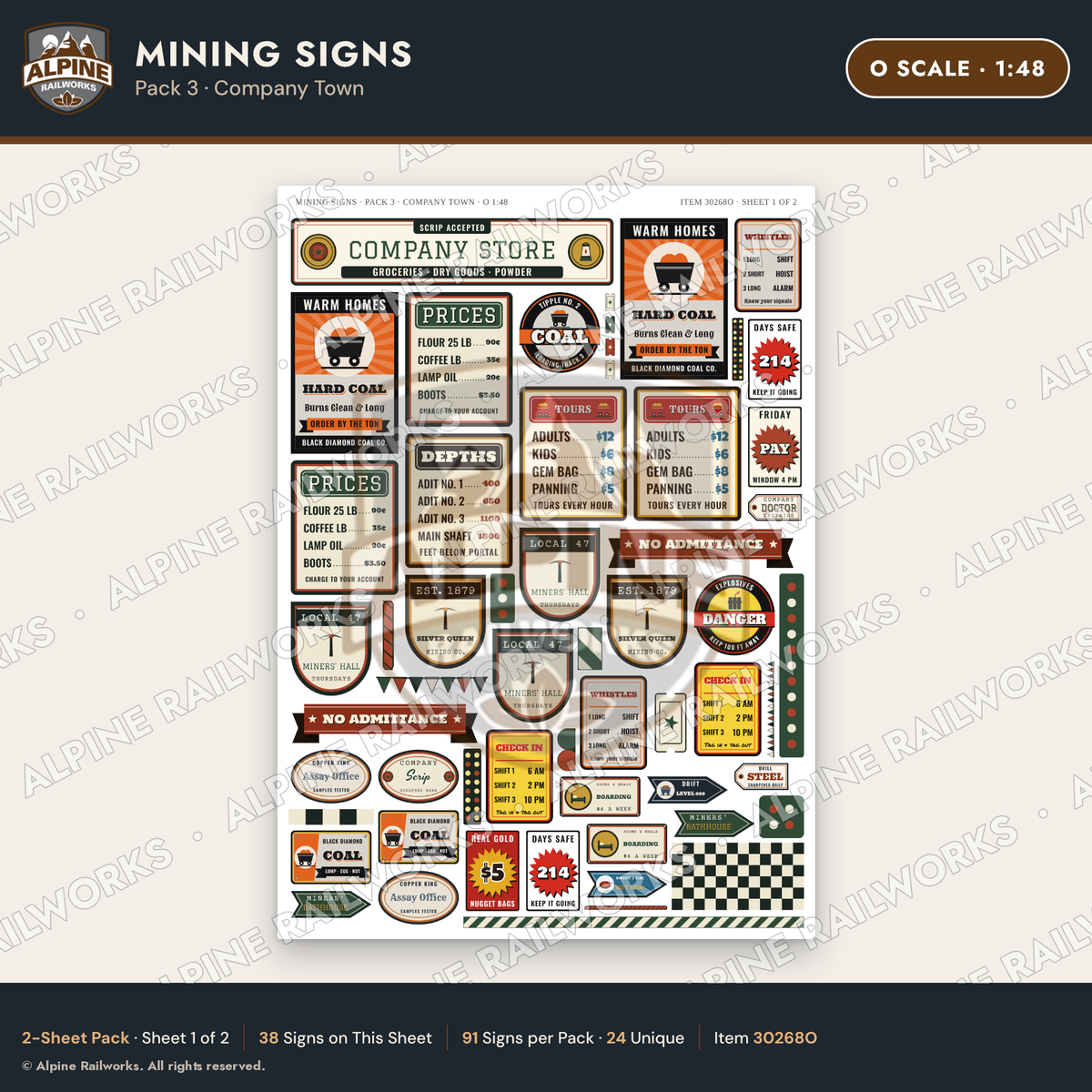 Alpine Railworks 30268O O Scale Mining Signs - Company Town