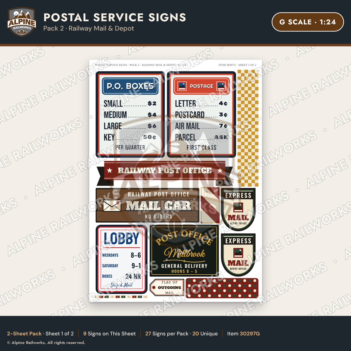 Alpine Railworks 30297G G Scale Postal Service Signs - Railway Mail