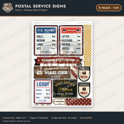 Alpine Railworks 30297G G Scale Postal Service Signs - Railway Mail