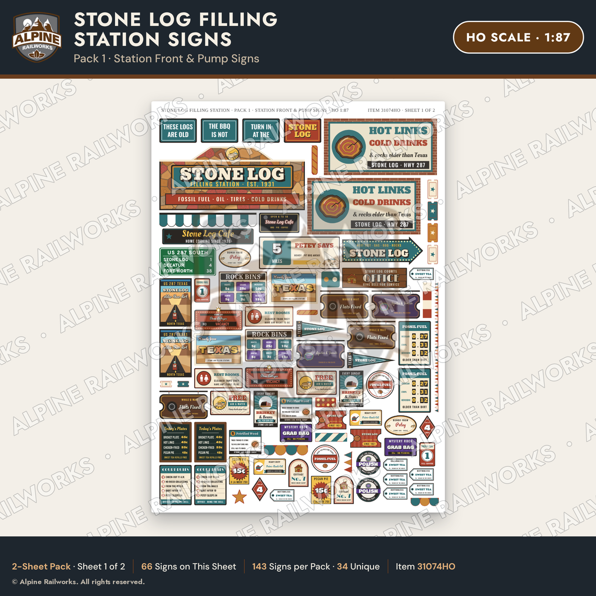 Alpine Railworks 31074HO HO Scale Roadside Signs - Petrified Wood