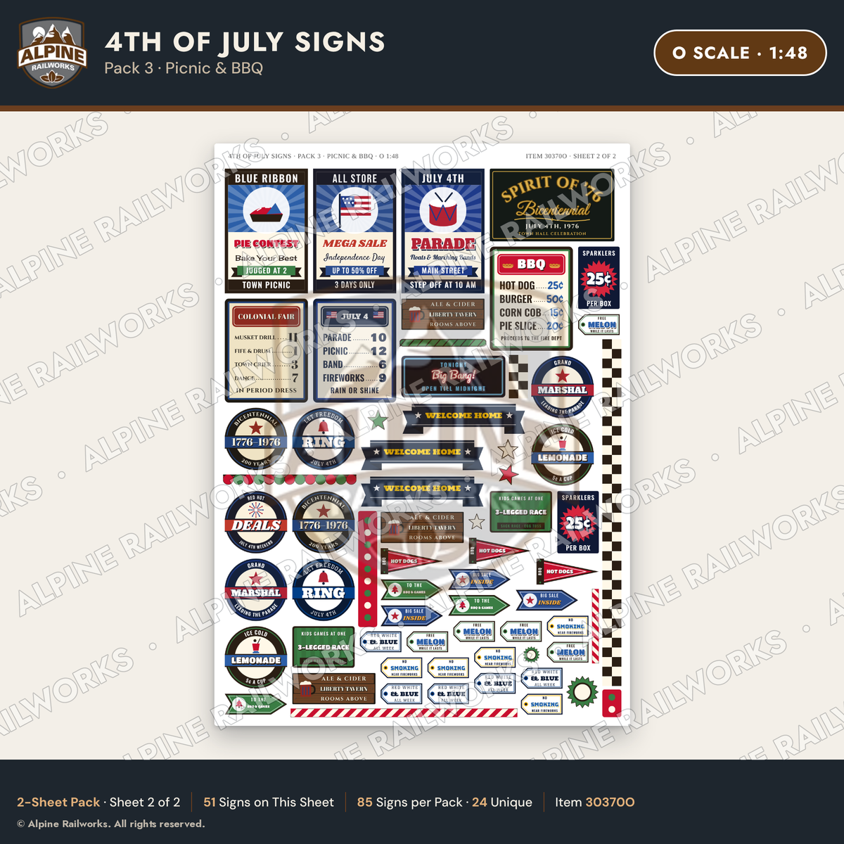 Alpine Railworks 30370O O Scale 4th of July Signs - Picnic & BBQ