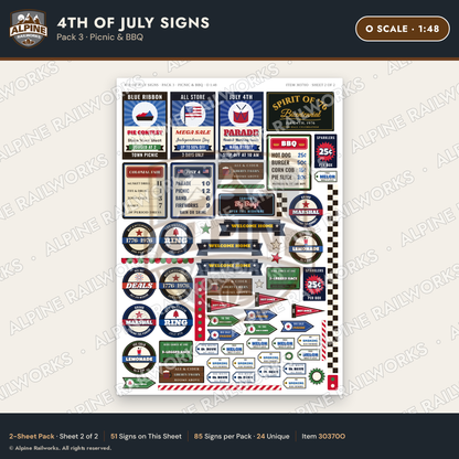 Alpine Railworks 30370O O Scale 4th of July Signs - Picnic & BBQ
