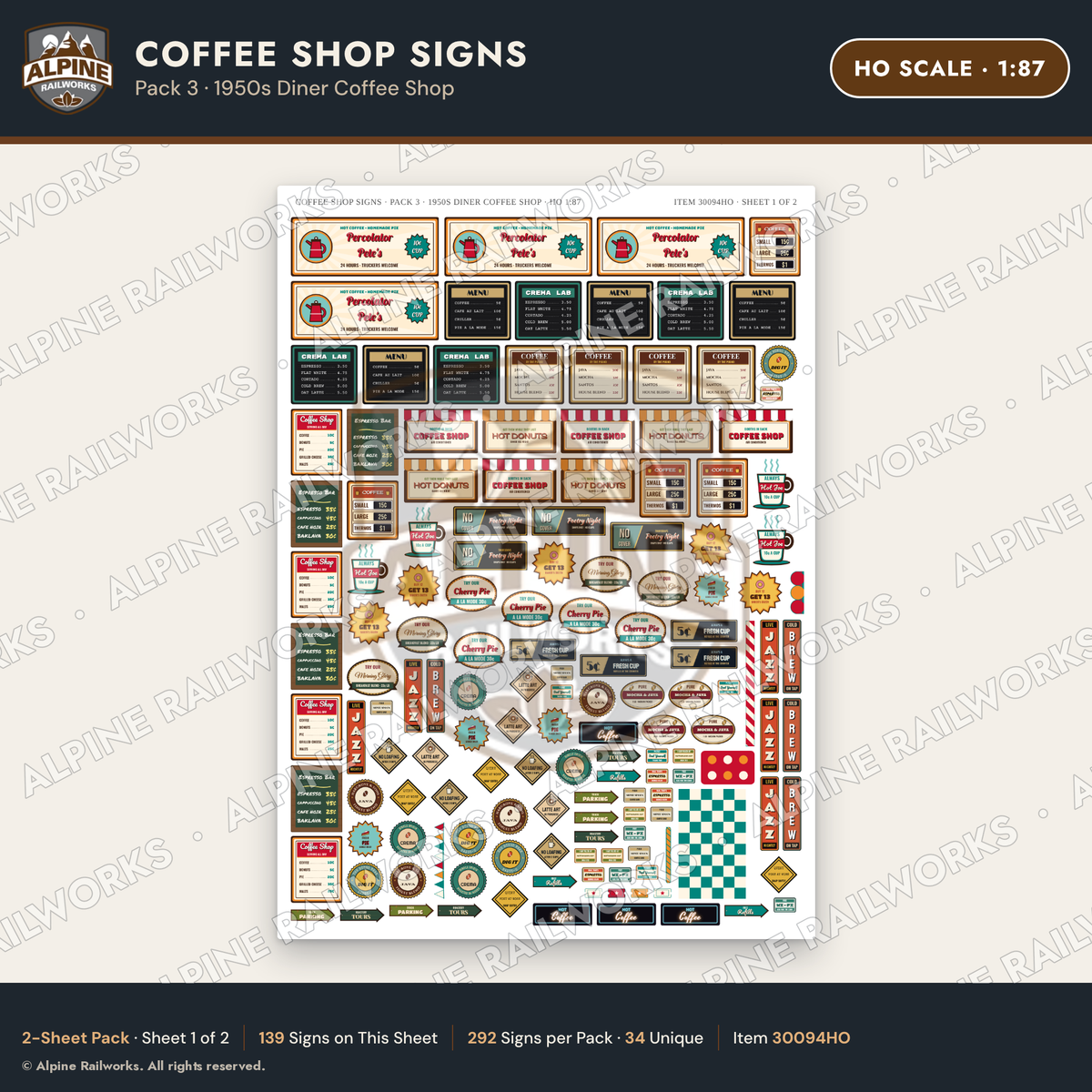Alpine Railworks 30094HO HO Scale Coffee Shop Signs