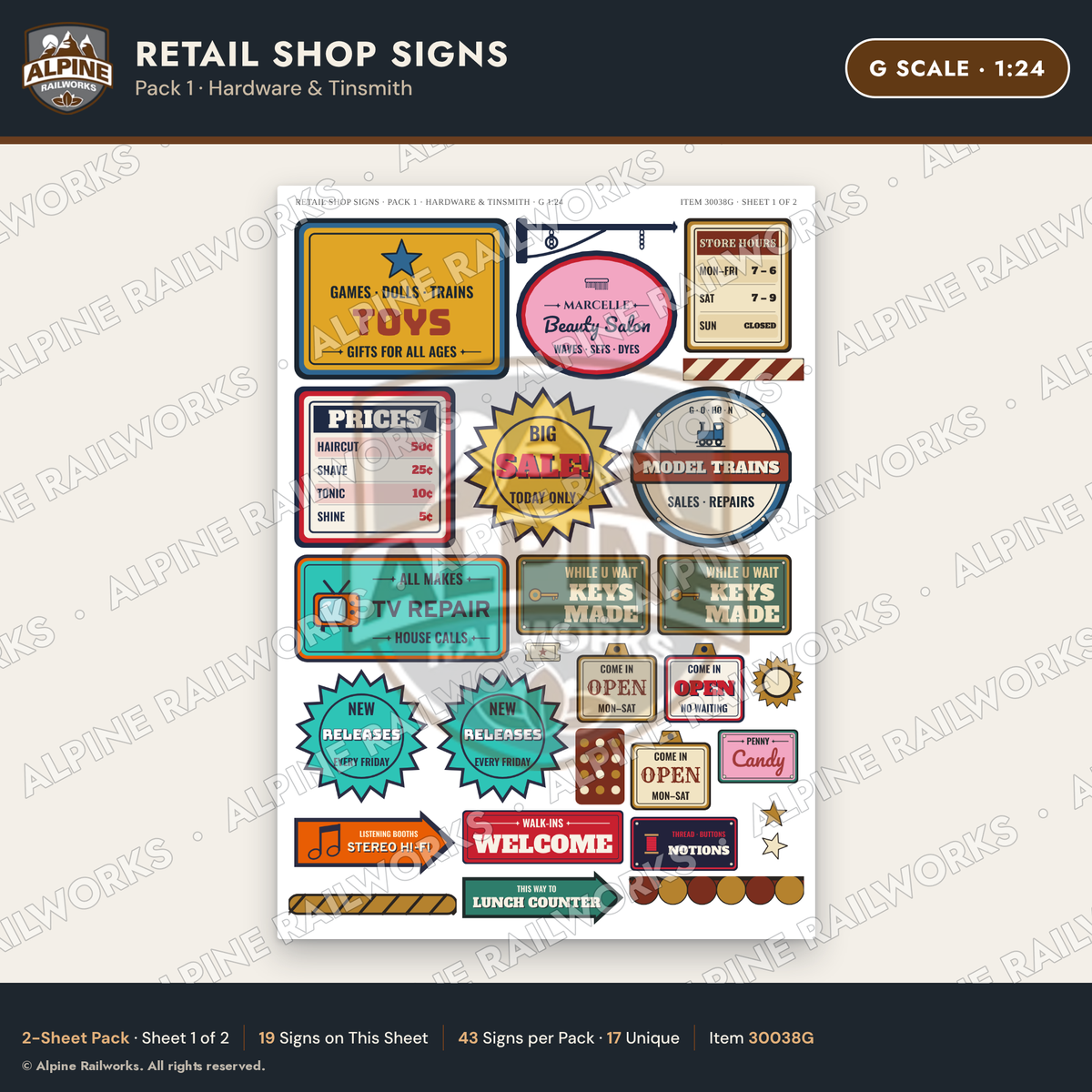 Alpine Railworks 30038G G Scale Retail Shop Signs - Hardware