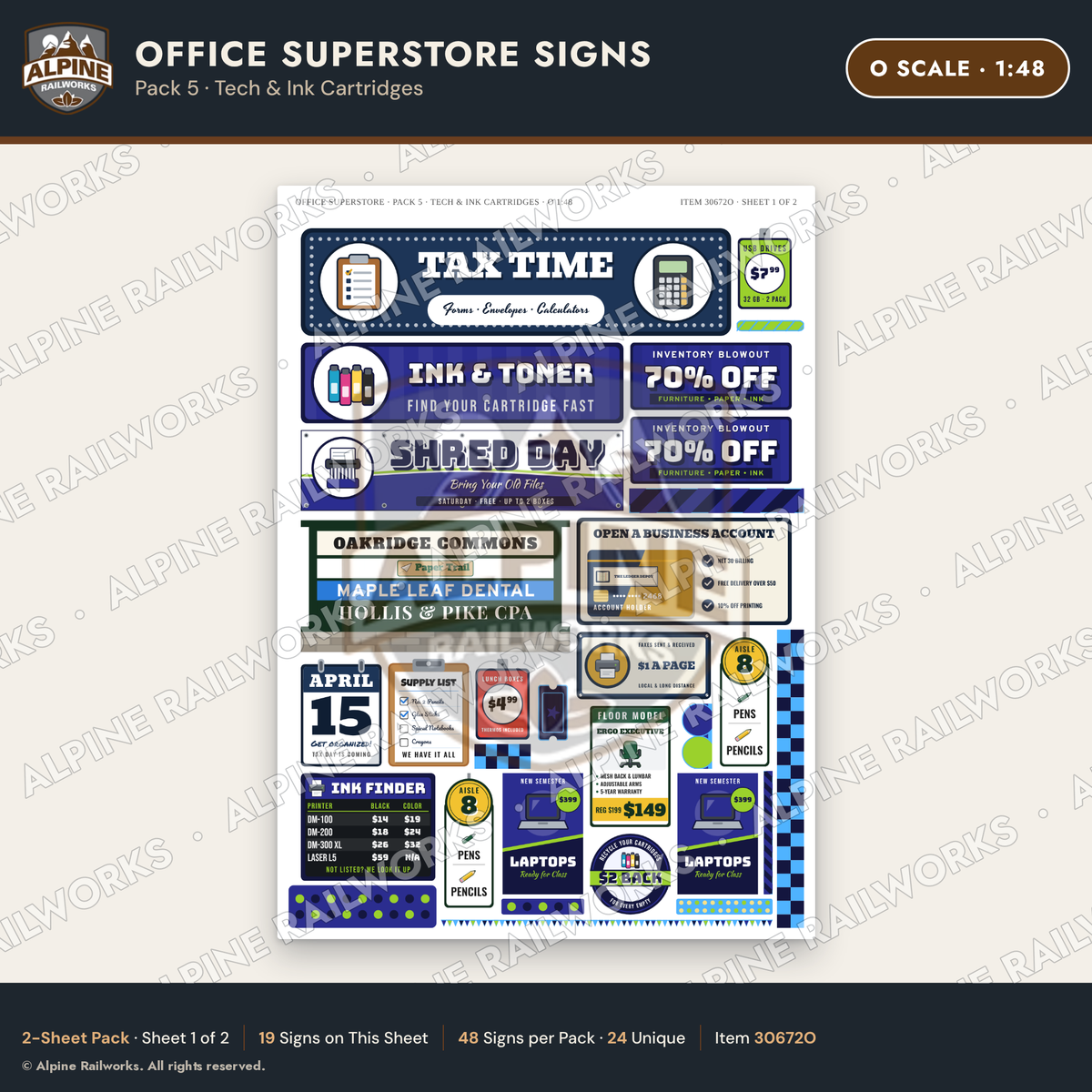 Alpine Railworks 30672O O Scale Office Superstore Signs - Tech