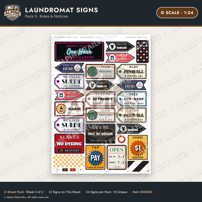 Alpine Railworks 30306G G Scale Laundromat Signs - Rules & Notices