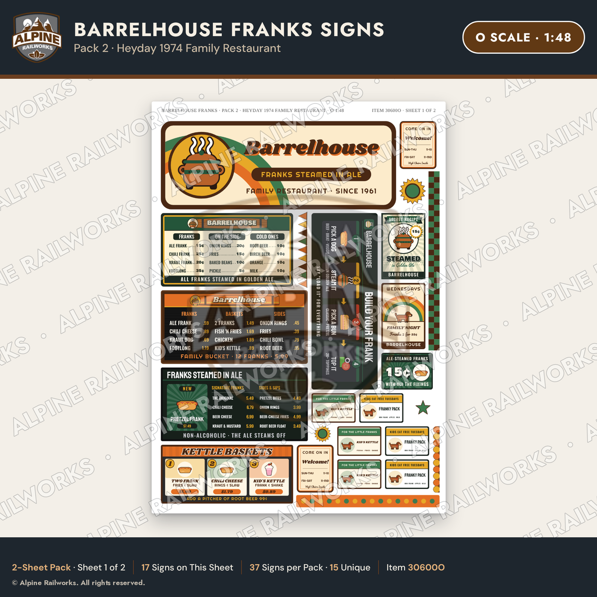 Alpine Railworks 30600O O Scale Fast Food Signs - Hot Dogs