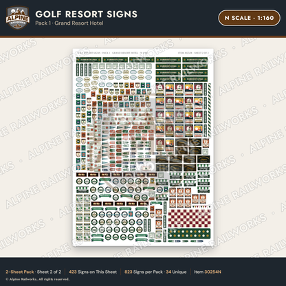 Alpine Railworks 30254N N Scale Golf Resort Signs - Grand Resort Hotel