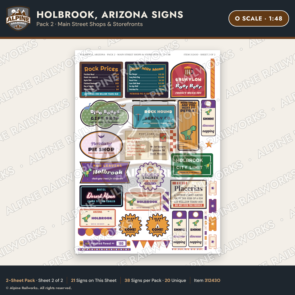 Alpine Railworks 31243O O Scale Holbrook AZ Signs - Main Street Shops