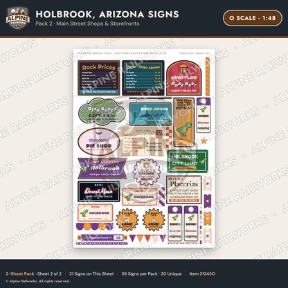 Alpine Railworks 31243O O Scale Holbrook AZ Signs - Main Street Shops