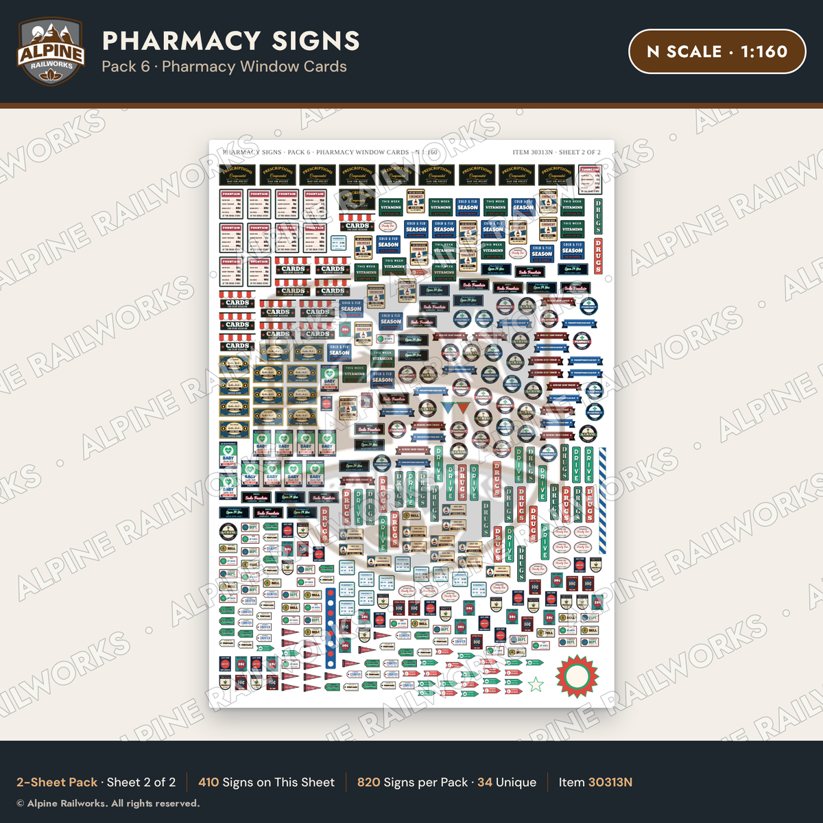 Alpine Railworks 30313N N Scale Pharmacy Signs - Pharmacy Window Cards