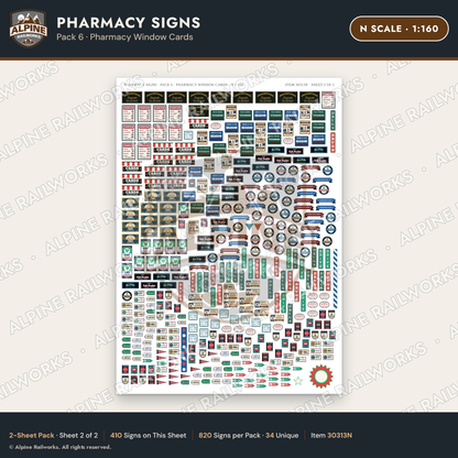 Alpine Railworks 30313N N Scale Pharmacy Signs - Pharmacy Window Cards