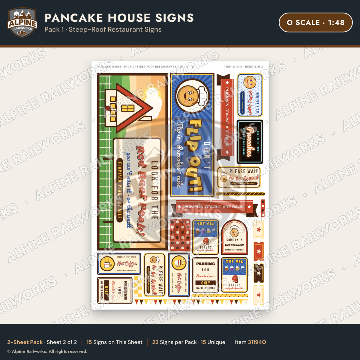 Alpine Railworks 31194O O Scale Pancake House Signs - Restaurant Front