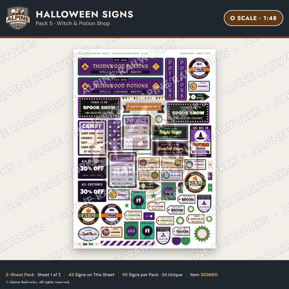 Alpine Railworks 30366O O Scale Halloween Signs - Witch & Potion Shop