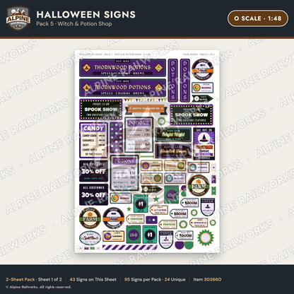 Alpine Railworks 30366O O Scale Halloween Signs - Witch & Potion Shop