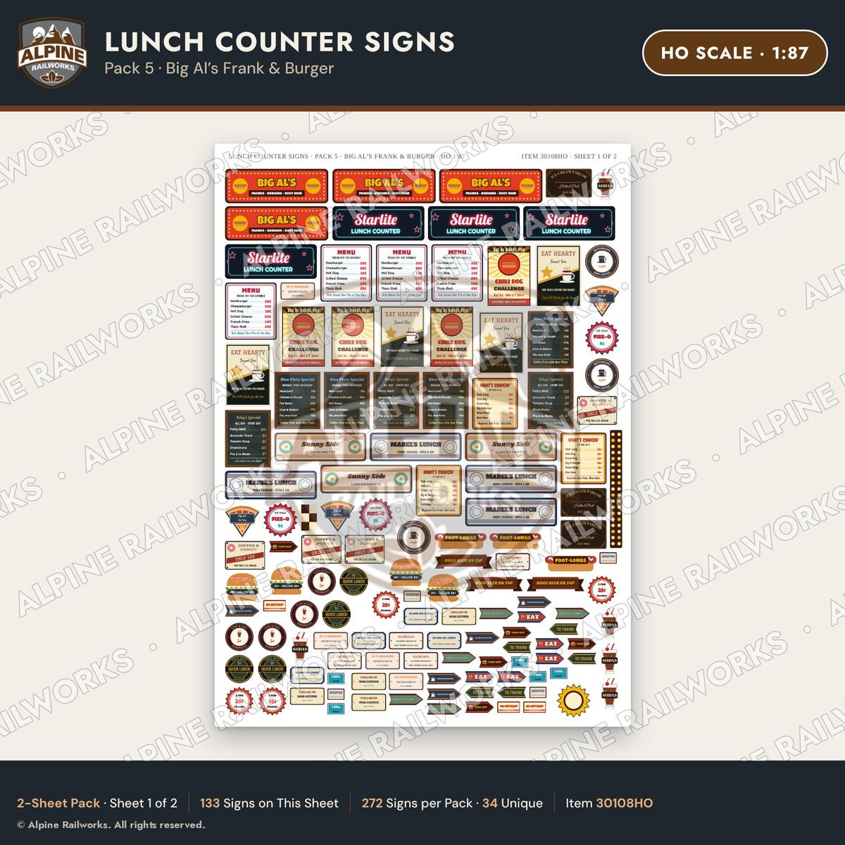 Alpine Railworks 30108HO HO Scale Lunch Counter Signs - Big Al's Frank