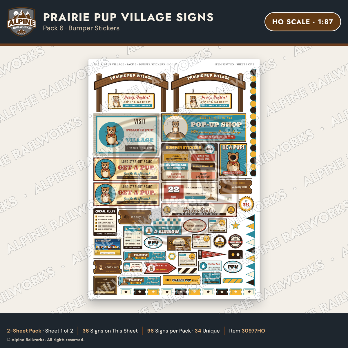 Alpine Railworks 30977HO HO Scale Roadside Signs - Prairie Dog Town