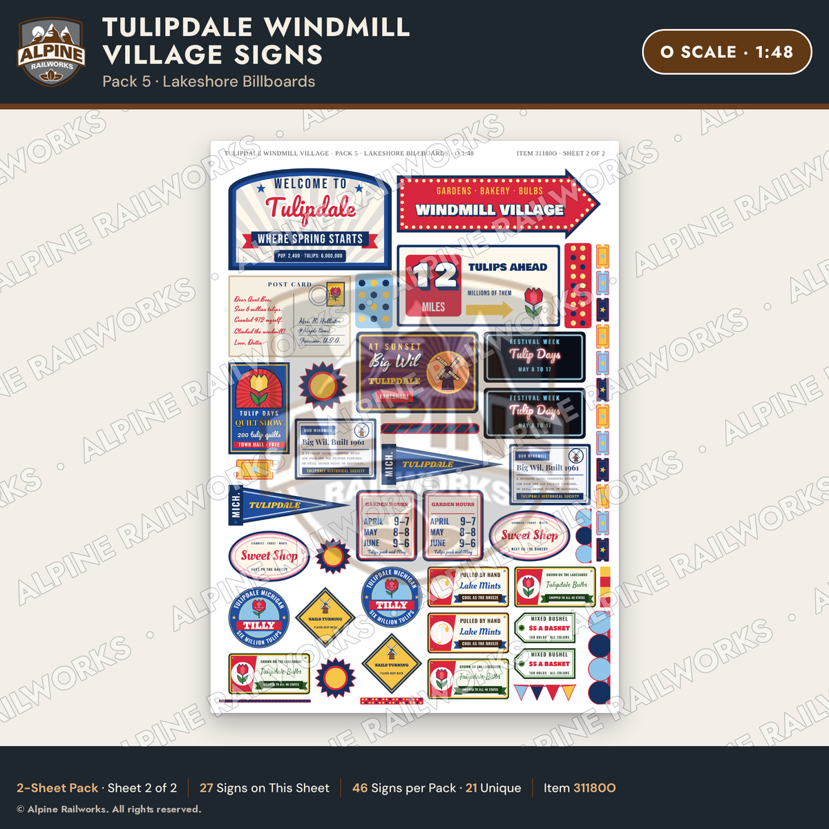 Alpine Railworks 31180O O Scale Roadside Signs - Windmill Village