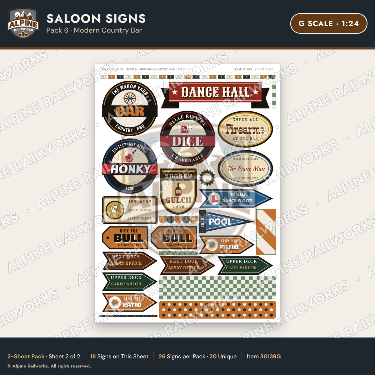 Alpine Railworks 30139G G Scale Saloon Signs - Modern Country Bar