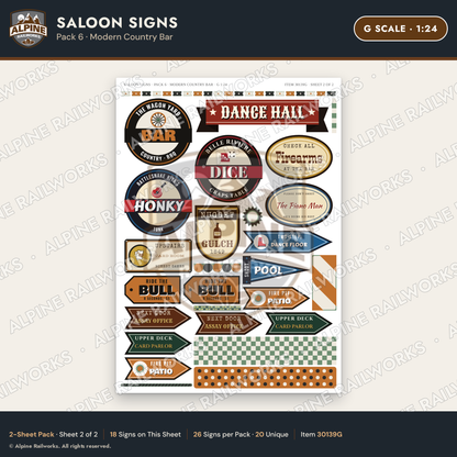 Alpine Railworks 30139G G Scale Saloon Signs - Modern Country Bar