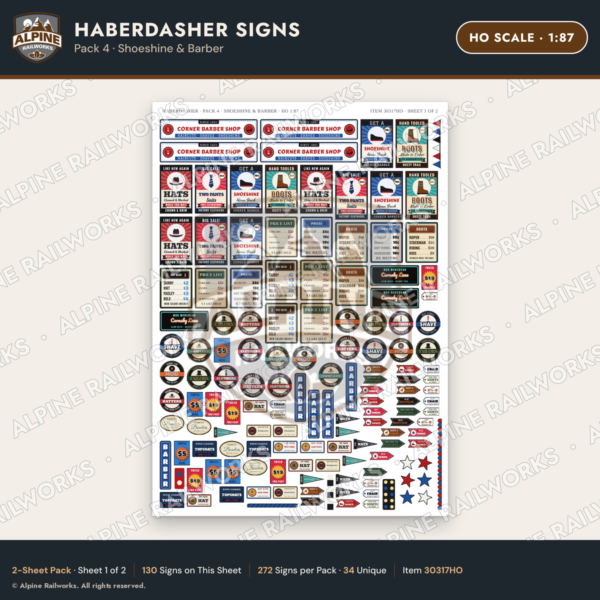 Alpine Railworks 30317HO HO Scale Haberdasher Signs - Shoeshine
