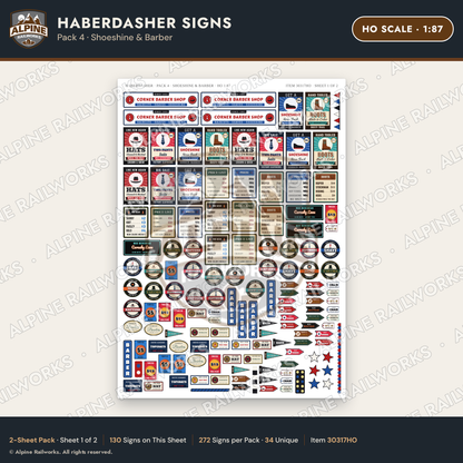 Alpine Railworks 30317HO HO Scale Haberdasher Signs - Shoeshine