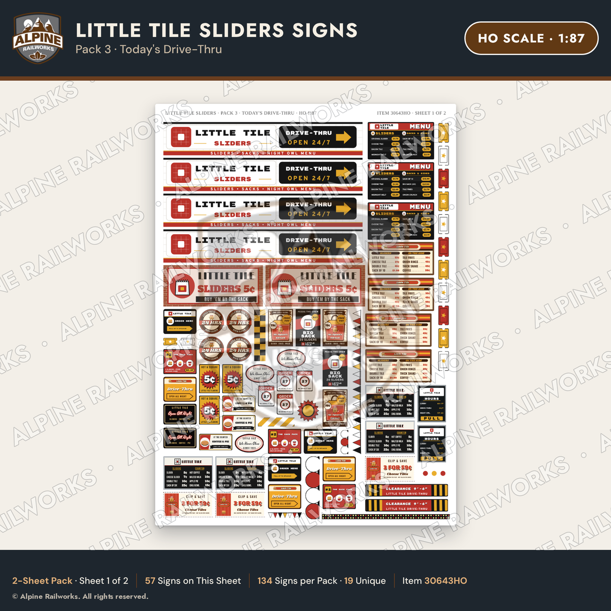 Alpine Railworks 30643HO HO Scale Fast Food Signs - Slider Burgers
