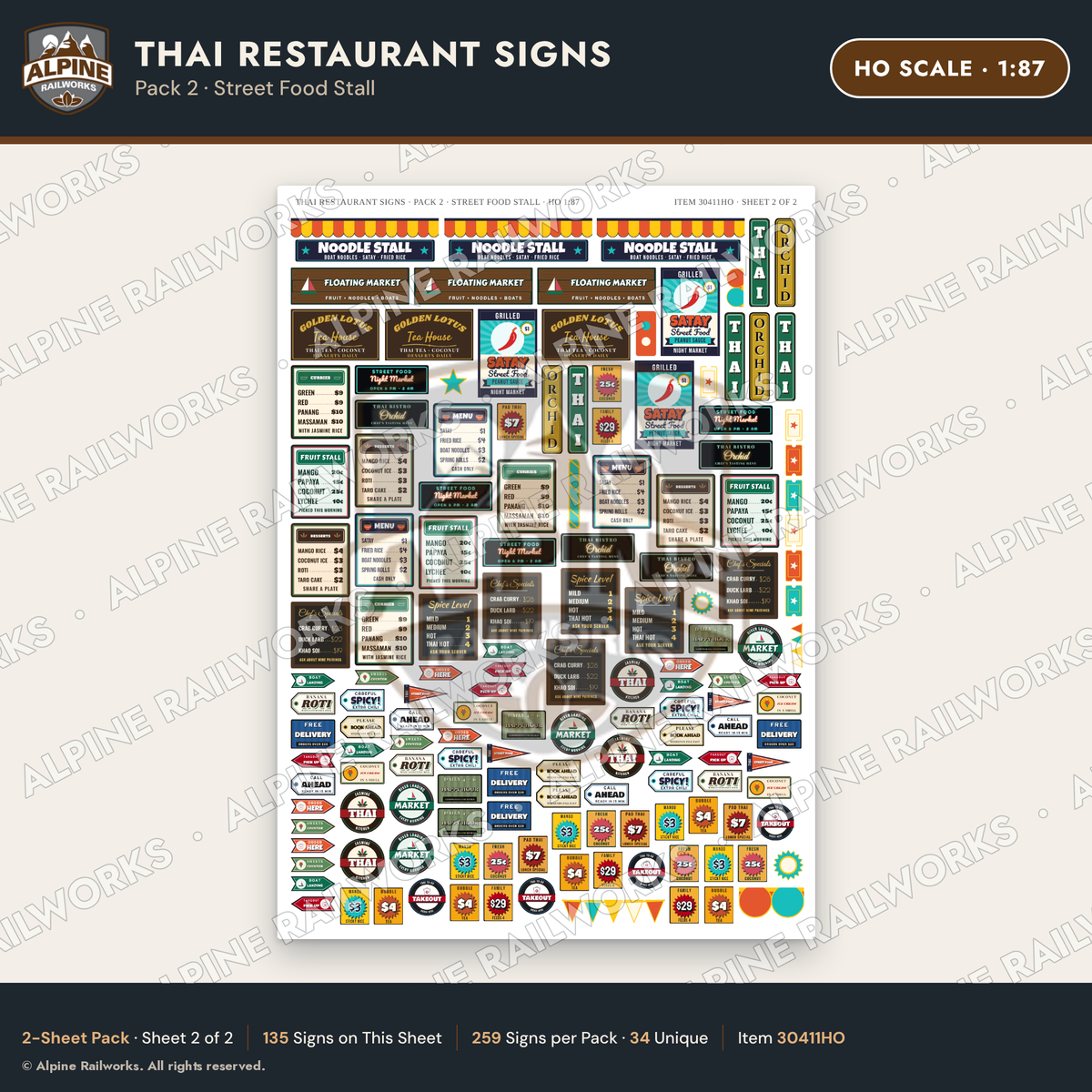 Alpine Railworks 30411HO HO Scale Thai Restaurant Signs