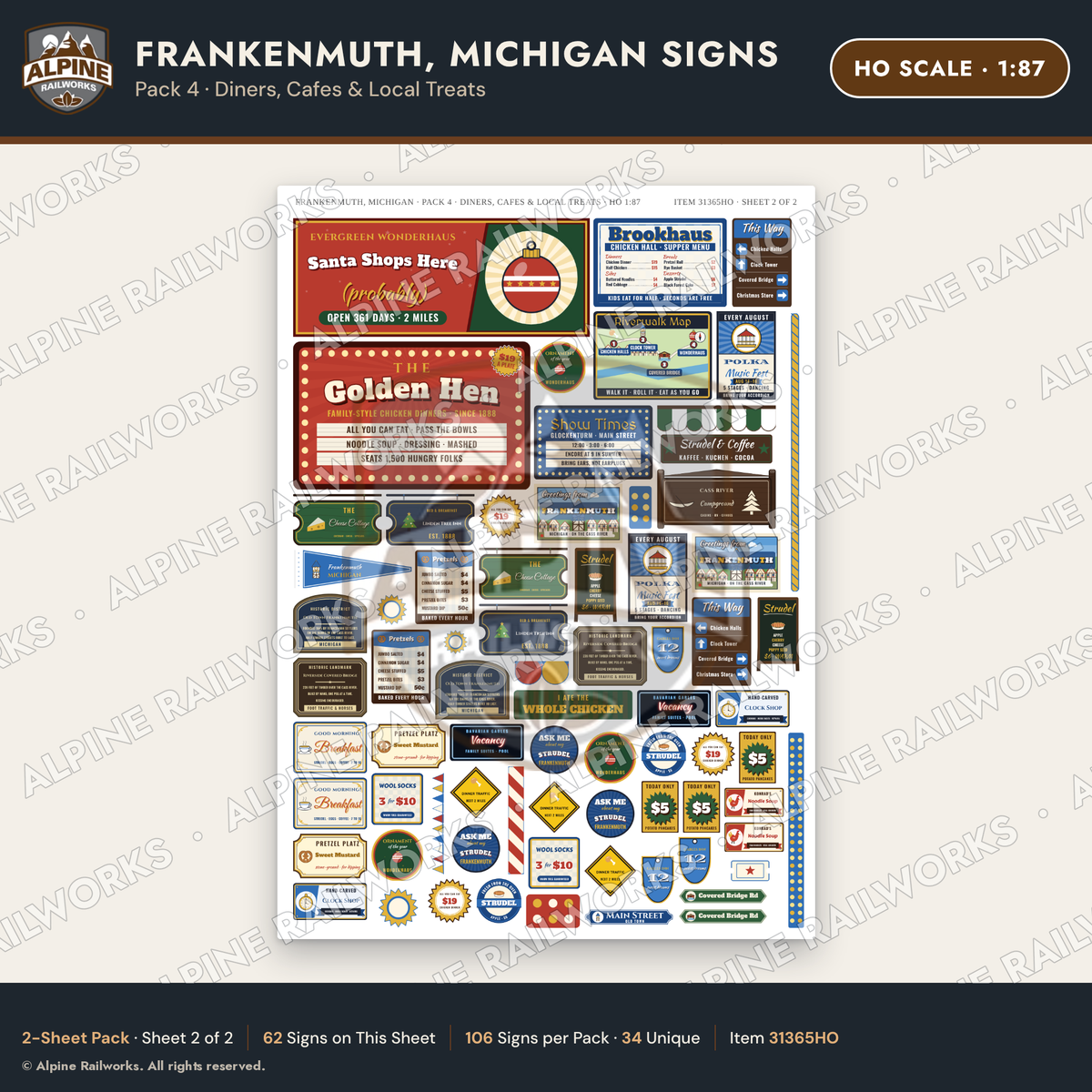 Alpine Railworks 31365HO HO Scale Frankenmuth MI Signs - Diners
