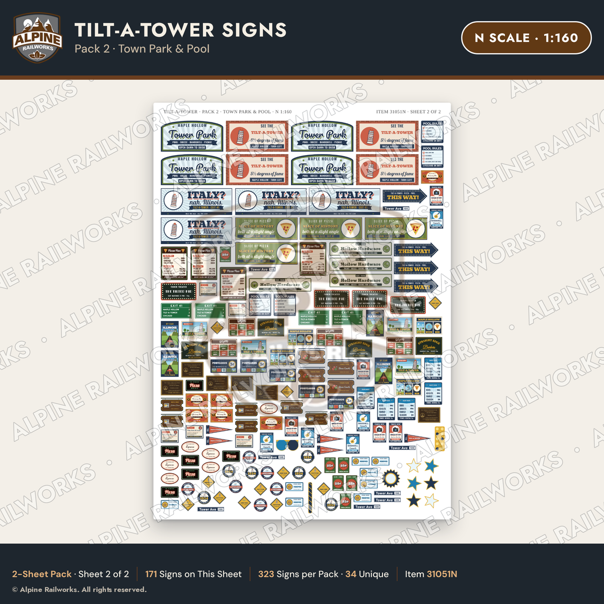 Alpine Railworks 31051N N Scale Roadside Signs - Leaning Tower