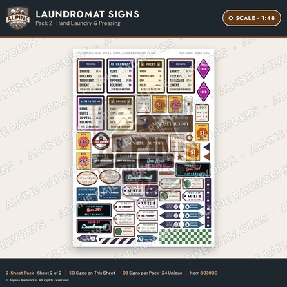 Alpine Railworks 30303O O Scale Laundromat Signs - Hand Laundry