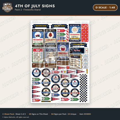 Alpine Railworks 30369O O Scale 4th of July Signs - Fireworks Stand