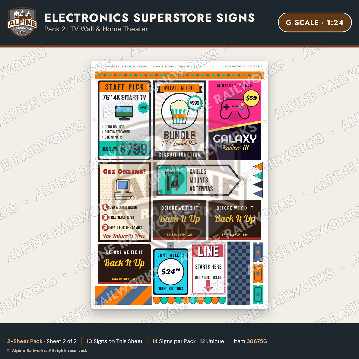 Alpine Railworks 30675G G Scale Electronics Superstore Signs - TV Wall